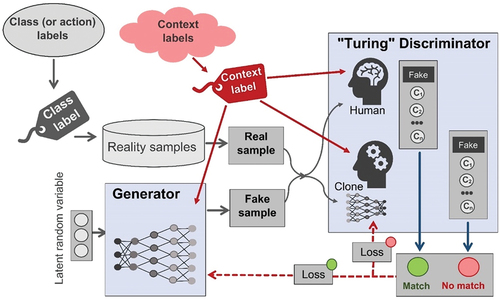 Figure 3. Pi-Mind technology-based T|C-SGAN adversarial architecture for transferring decision-making skills from a human to a digital clone.