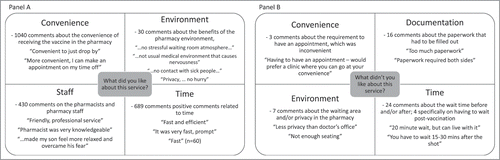 Figure 3. Most common themes and example quotes from respondents when asked the open-ended questions “What did you like about this service?” (Panel A) and “What didn't you like about this service?” (Panel B).
