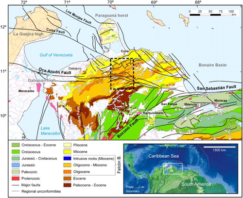 Figure 2. Simplified geological map of northwestern Venezuela with the major chronostratigraphic units indicated (modified from CitationHackley, Urbani, Karlsen, & Garrity, 2005). Note that the Falcón Basin is filled by Oligocene-Miocene materials bounded by two major regional unconformities. The dot-lined square indicates the study area. The inset map at the lower right corner shows the location of the study area in northwestern South America.