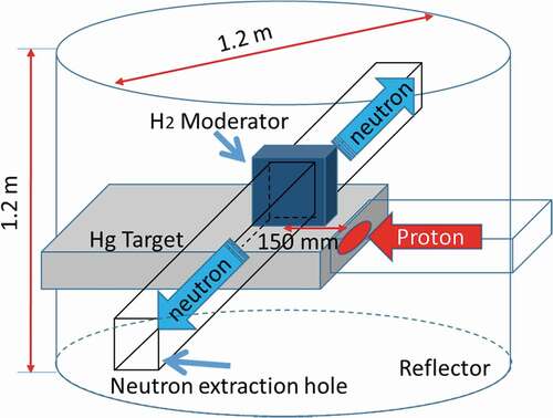 Figure 1. Schematic drawing of target moderator reflector assembly. 3-GeV protons were injected into the Hg target from right-hand side with a footprint of 40 × 20 mm2. The moderator was set above the target. Neutrons were extracted from the moderator through the neutron-extraction holes.