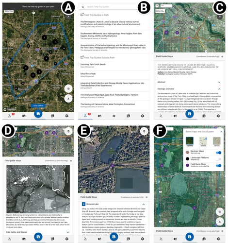 Figure 4. Finding and navigating a field trip guide in Flyover Country. (A) Spatial field trip guide discovery and alerts (toast message, top, and red number badge, lower left) when guides intersect the path shape during loading. (B) Field guide search and selection interface. Guides that intersect a currently loaded path are highlighted at the top of the list. (C) Field trip content displayed in the information pullup. (D) Overview sections, as well as stops, can contain figures, captions, and descriptions. (E) Selecting stops on the map (purple ‘G’ icons) scrolls the information pullup to the selected stop and expands its content. Tapping the locate icon next to the stop title centers the map view on that stop’s coordinates. (F) Other data sources can be toggled on and off by tapping the layer button in the upper right of the map interface.