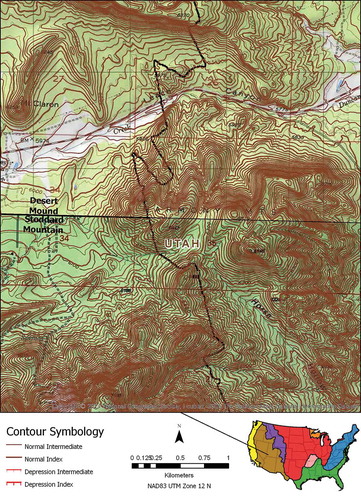 Figure 10. Comparison of US Topo contours at the intersection of four quadrangles in the Intermontane Plateaus in Utah. Background imagery is the legacy 7.5’ topography. Source data for the eastern quadrangles are lidar-derived DEMs, while the western quadrangles west of the black line were produced from 10 meter DEMs derived from digitized legacy contours.