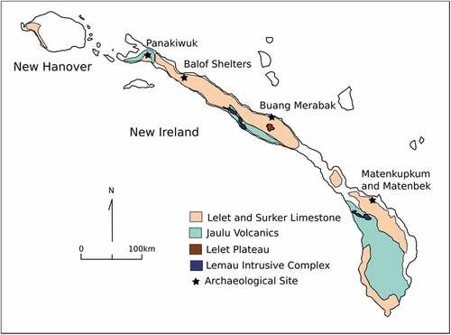 Figure 2. Stone sources and archaeological sites occupied from the late Pleistocene on New Ireland.