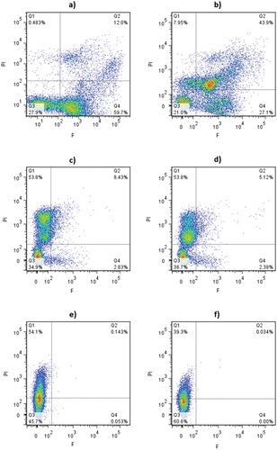 Figure 2. Fluorescence density plots of B. cinerea conidia stained with PI and FDA and exposed to aqueous ozone treatments at different concentration and times. a) control; b) 2.5 mg O3L−1 −2 min; c) 2.5 mg O3L−1 −4 min; d) 4.2 mg O3L−1 −2 min; e) 4.2 mg O3L−1 −4 min; f) 4.2 mg O3L−1 −10 min.
