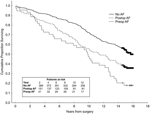 Figure 2. Kaplan–Meier survival curves for all patients in the study cohort undergoing coronary artery bypass graft (CABG) surgery, 1999–2000. Patients divided into groups with no atrial fibrillation (AF) (No AF), postoperative AF (Postop AF) and preoperative AF (Preop AF). Log-rank test p < .001.