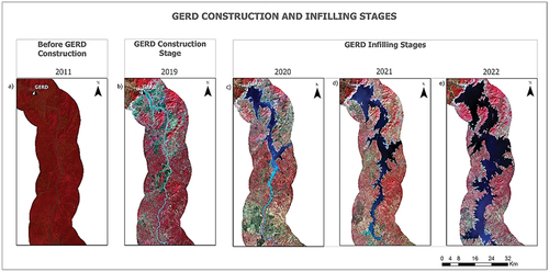 Figure 6. Blue Nile water surface coverage area in section B; a) before GERD construction, b) finalising the construction stage (2019), c) after the first filling stage (2020) where the surface area reached 206.1 km2, d) after the second filling stage (2021) with an expansion of 374.5 km2, and e), after third filling stage (2022) representing a total of 721.6 km2 of water surface coverage area.