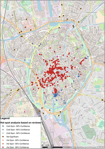 Figure 4. Hot spot analysis based on restaurant reviews on TripAdvisor in Bruges. Source: TripAdvisor.com (data retrieved June 2016) and OpenStreetMap Contributors (Citation2017).