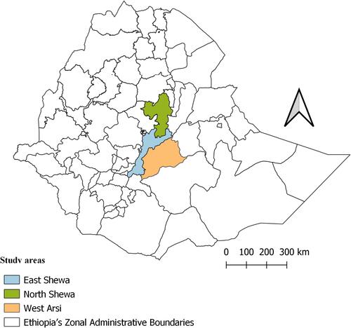 Figure 1 Map of Ethiopia illustrating the study areas. This map was developed from Ethiopian’s Zonal Administrative boundaries shape file 2021 using QGIS version 3.1.1.2.