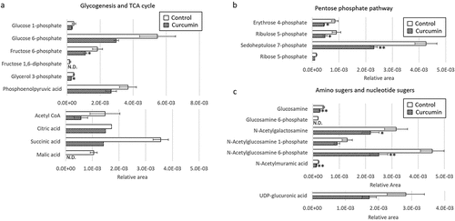 Figure 3. Effects of curcumin on metabolites in (a) glycogenic pathway and TCA cycle, (b) pentose phosphate pathway and (c) sugar amino acids and nucleotide sugars in P. gingivalis. Corrected peak areas of amino acids detected in P. gingivalis incubated for 24 hours in liquid medium (white) and in liquid medium with 10 µg/mL curcumin (shaded) are shown.