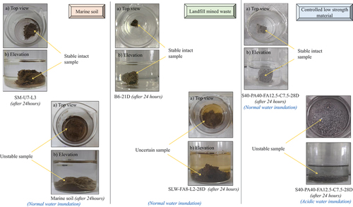 Figure 4. Typical crumb test images for marine soil, landfill mined waste and controlled low strength material specimens.