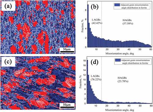 Figure 5. EBSD image and grain misorientation distribution of ferrite (Part II). (a)/(b) 30 s−1/1423 K, ε = 0.8; (c)/(d) 30 s−1/1223 K, ε = 0.8.