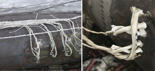 Figure 4. Left – Stud connections after installation on horizontal vessel. Right – close up of a set of 6 studs, the outer two for the excitation current and two inner pairs for the signal from each HAZ.