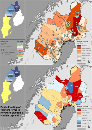 Figure 3. Spatial distribution of funding for tourism firms in Finnish Lapland, Västerbotten and Norrbotten 2007–2021.
