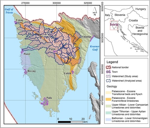 Figure 1. Study area: (a) location map of Istria; (b) simplified geological map of Istria according to CitationVelić et al. (1995), with delineated watersheds.