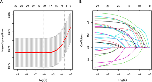 Figure 2 Plots for LASSO regression model. (A) 10-fold cross-validation plot for the penalty term. (B) A LASSO coefficient profiles plot of the 29 texture features was produced against the log (lambda) sequence.