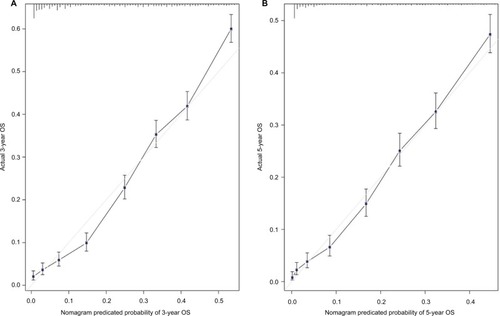 Figure 2 Internal calibration plot. (A) 3-Year and (B) 5-year overall survival (OS) nomogram calibration curves.