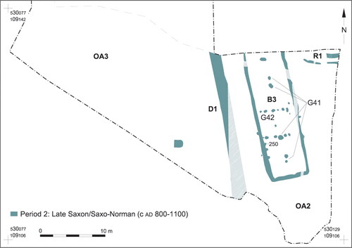 fig 7 Plan of Period 2 building B3, boundary ditch D1, routeway R1 and open areas OA2 and OA3.