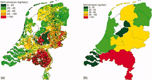 Figure 3. Geographic variation in total NH3 emissions as derived by INITIATOR2 per STONE plot (a) and by MITERRA per NUTS2 region (b) in the Netherlands for the year 2000.