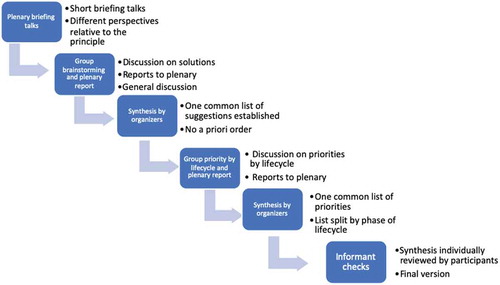 Figure 1. Overview of the process followed during the workshop to guide the discussions and generate agreed-upon views on how to tackle issues pertaining to each ethical principle covered (autonomy, safety, and justice).