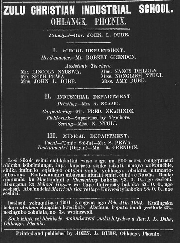 ‘Zulu Christian Industrial School’, advert, Ilanga Lase Natal, 25 December 1903, p 4