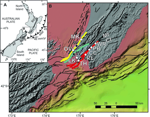 Figure 1  Site locations and active faults covered in this study. A, Tectonic setting of New Zealand with the Alpine Fault, Marlborough Fault System, Hikurangi subduction zone, and Taupó Volcanic Zone denoted, respectively, by the abbreviations AF, MFS, HSZ and TVZ. Numbered arrows depict azimuth and rate of Pacific Plate motion relative to Australian Plate. B, Active faults of central New Zealand, with the southern Wairarapa Fault highlighted in bold red (including the AD 1855 rupture of the Wharekauhau Fault), the Ōhariu Fault highlighted in bold yellow, and the Wellington–Hutt Valley segment of the Wellington Fault highlighted in bold blue. Site locations (white dots) are as follows (in alphabetical order): CC, Cross Creek; LK, Lake Kohangapiripiri; MK, MacKays Crossing; OV, Ōhariu Valley; PB, Pigeon Bush; RL, Riverslea; TH, Turakirae Head; WR, Waiohine River. Carterton and Masterton faults are labelled Cf and Mf, respectively. The urban centres (black dots) of Porirua city and Wellington city are shown, respectively, as P and W.