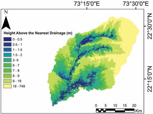 Figure 13. Height above nearest drainage (HAND) map of the Vishwamitri watershed.