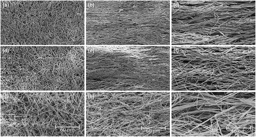 Figure 9. SEM micrographs of (a-c) 7.05, (d-f) 16.84, and (g-i) 30.97 μm long wires at various magnetic fields. The length scale bar represents the size for all image in that column. For the images in (a), (d), and (g), there is no magnetic field applied. The rest of the images are in a 338 mT field.
