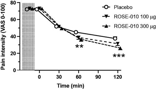 Figure 2. Historical pain intensity (shaded area), baseline pain intensity immediately before injection of ROSE-010 and further pain intensity reduction at 30, 60 and 120 min after ROSE-010 (placebo; n = 125, ROSE-010 100 µg; n = 134 and ROSE-010 300 µg; n = 128). Values are mean ± SEM. **p = .007, ***p = .0004.