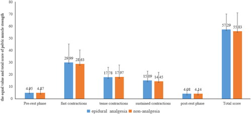 Figure 2. The effect of epidural analgesics on the pelvic muscle strength. Note: There was no significant difference between the two group in the PFM strength and total score (p>.05).