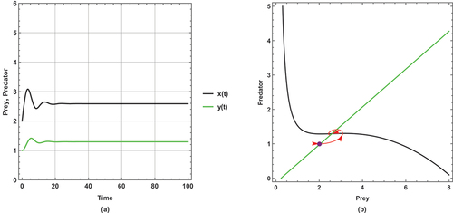 Figure 9. (a) Time series (b) nullclines and phase portrait trajectories of the second set of system (2) when (m=1.5). Other parametric and initial values are: r=1, k=8, α=7.00, h=0.50, u=0.45, e=0.5, x(0)=2, y(0)=1.