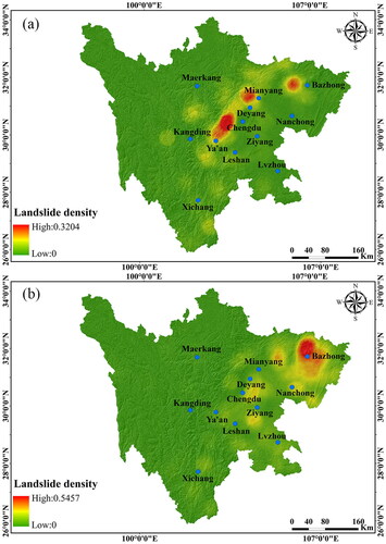 Figure 7. Landslide density map of Sichuan Province: (a) seismic landslides and (b) rainfall landslides.