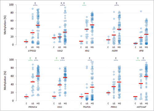 Figure 4. Mean levels of methylation in high-grade tumors relative to low-intermediate-grade tumors and normal bladder. Top ten genes showing an increase in mean level of methylation (solid red bar) in high-grade tumors (HG, n = 51) relative to low-intermediate-grade tumors (LG, n = 18) and in comparison to normal bladder controls (C, n = 4). Each individual control or tumor sample is shown as an unfilled blue circle. Significant differences in the mean levels of methylation between the low-intermediate- and high-grade tumors, or between control and low-intermediate-grade tumors, are indicated by *, P<0.05, or **, P<0 .005 (Student's T-test).