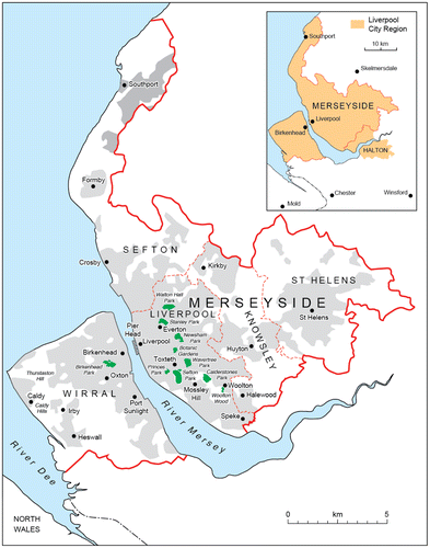 Map 1. Merseyside and the Liverpool City Region area.Source: Sykes et al. (Citation2013) and Sandra Mather, Liverpool University Cartography Department.