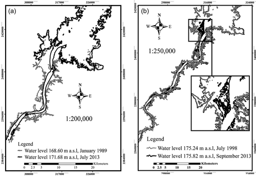 Figure 12. Changes at (a) the entrance of the lacustrine part of the AHDR below 175 m a.s.l. and (b) the entrance of the southern part of the AHDR above 175 m a.s.l., for the period 1998–2013.