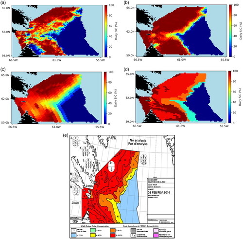 Figure 2. An illustration of sea ice concentration retrieved from the ASI (a), NT2 (b), BT (c) algorithms, rasterized CIS daily ice chart (d), and CIS daily ice chart (e) on February 03, 2014, over the study area. In panels a-d, regions without data are shown in light blue, while the lands are black.