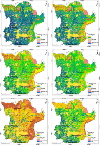 Figure 6. Spatial distribution of different salinization models (a) MSAVI-Albedo-IFe2O3; (b) NDVI-WI- IFe2O3; (c) NDVI-Albedo- IFe2O3; (d) MSAVI-Albedo-SI; (e) NDVI-Albedo-SI; (f) NDVI-WI-SI; (g) MSAVI-WI- IFe2O3; (h) MSAVI-WI-SI.