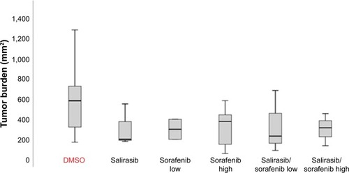 Figure 4 Median (range) values of tumor burden (Y-axis) at sacrifice. Tumor burden (assessed as length×width for each target lesion, and sum of the value of each tumor) was significantly decreased in treated rats compared with DMSO control group (P=0.044).