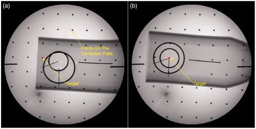 Figure 6. Fluoroscopy images of end-effector in pre-clinical validation. a) The fluoroscopy image before alignment; b) The fluoroscopy image after alignment.