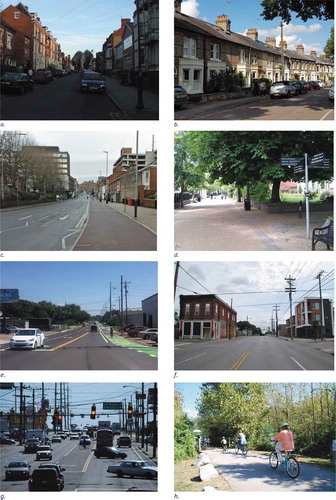 Figure 5. England’s more compact built environment (a, b, c, and d). Nashville’s more sprawled built environment (e, f, g, and h).a: Tichborne Street, Leicester, Leicestershire, England. b: Terrace/row houses from Cambridge are common in urban England. c: Cycle path on Welford Road, Leicester, Leicestershire, England. An example of emerging best practice. d: New Walk, Leicester, Leicestershire, England. Good walking environment but cycling is prohibited. e: Buffered two-way cycle track along 51st Ave in the Nations neighborhood of west Nashville, Tennessee, USA. f: Chestnut Street and Third Avenue South in Nashville's Chestnut Hill neighborhood, Tennessee, USA. g: Traffic congestion in a typical Nashville corridor, with poor infrastructure for walking and biking, Tennessee, USA. h: Family bike in the Shelby Bottoms Greenway of East Nashville, Tennessee, USA.Image sources: (a) https://upload.wikimedia.org/wikipedia/commons/8/8f/Tichbourne.JPG, (b) James Woodcock, (c) Mat Fascione from https://www.geograph.org.uk/photo/5633212, (d) https://www.cyclestreets.net/photos/space/108950/#&gid=1&pid=30732, (e) Nashville Civic Design Center, 2018, (f) Nashville Civic Design Center, 2013, (g) Nashville Civic Design Center, 2011, and (h) Nashville Civic Design Center, 2012