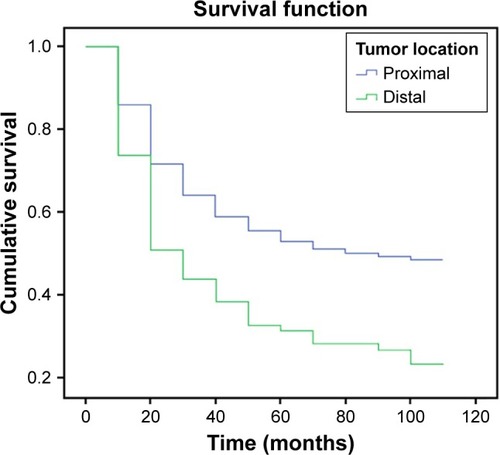 Figure 2 Five-year survival following curative gastrectomy according to tumor location. Cumulative survival was better for patients with distal gastric cancer than proximal gastric cancer patients (p<0.001).