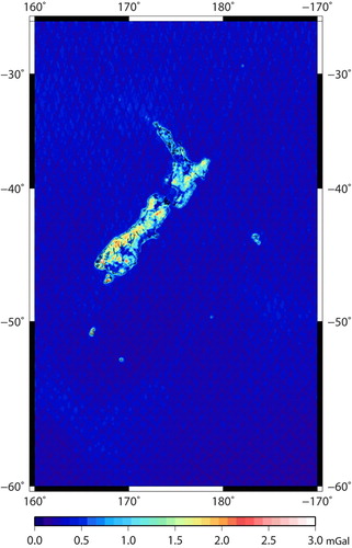 Figure 8. Gridded gravity anomaly error standard deviations (mGal) propagated from the airborne, terrestrial shipborne and satellite altimetry measurement errors by least squares collocation.