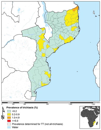 Figure 2. Prevalence of trichiasis in those aged 15 years and above in 96 population-based prevalence surveys, Mozambique, 2012–2015. In 14 evaluation units (hatched), prevalence categories shown are for trachomatous trichiasis (TT), defined as trichiasis and (in the same eye) either (a) trachomatous conjunctival scarring (TS); or (b) the examiner’s inability to evert the eyelid to look for TS (with the difficulty in eversion presumed to be due to TS). In the other 82 evaluation units, prevalence categories shown are for all-trichiasis, regardless of the presence or absence of TS.