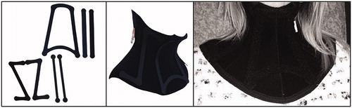 Figure 1. HeadUp collar (previously known as Sheffield Support Snood). The A-frame and supports (far left), the HeadUp collar (middle) and the HeadUp collar with selection and placement customized for the participant (far right). Available sizes include small (33–40 cm/13–16 inches), medium (38–44 cm/15–17.5 inches) and large (43–51 cm/17–20 inches).