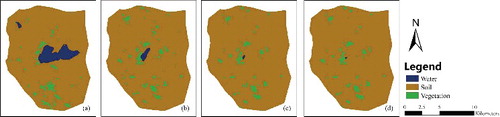 Figure 8. Predicted land-cover maps by the CA-Markov model for 2005 (a), 2020 (b), 2050 (c) and 2100 (d) in Ordos Larus relictus National Nature Reserve.