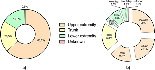 Figure 4 Distribution of chronic injury location. (a) Division based on body region; (b) detailed breakdown of anatomical subdivisions. N = 364.