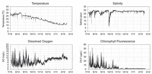 Figure 3. Continuous measurement data of water qualities at St. SNW in (FY 2014): (a) Water temperature, (b) Salinity, (c) Dissolved oxygen, and (d) Chlorophyll Fluorescence