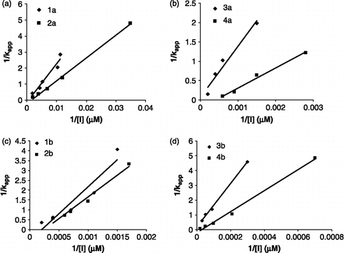 Figure 8.  A representative double reciprocal plot of different concentrations of inhibitors (1a–4a and 1b–4b) versus Kapp from Figures 5 and 6. Linear regression of representing kapp at different concentrations of inhibitor concentrations for each inhibitor resulted a line with slope = 1/Ki, y-intercept = 1/kp, and x-intercept = − 1/KD = − KA.
