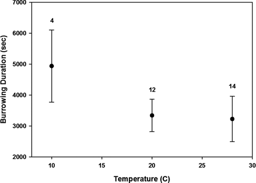 Figure 4 Influence of the three temperature treatments (nominally 10, 20, and 30°C) on burrowing performance of Potamilus alatus measured as duration. Numbers above each temperature group represent the sample size based on the number of individuals that burrowed at each temperature
