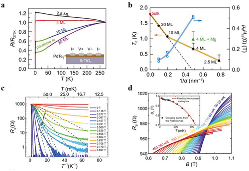 Figure 6. The transport characteristics of the MBE growth PdTe2 films. (a). The resistance of PdTe2 films with different thickness as a function of the temperature. The inset is the schematic of four-probe measurements. Reproduced from [Citation112]. (b). Tc and Hc2 (T = 0) dependence of the film thickness. The circles and squares represent the Hc2 (0) derived from the two-band model and Ginzburg-Landau formula, respectively. Reproduced from [Citation112]. (c). The sheet resistance Rs of PdTe2 films under the conditions of different perpendicular magnetic fields from 0 to 0.897 T. Reproduced from [Citation113]. (d). The evolution of Rs-B curves at different temperatures ranging from 20 to 450 mK. The inset curves are some crossing points from the Rs-B. Reproduced from [Citation74].