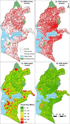 Figure 2. Public primary schools in 2009 (a) and 2020 (b), with corresponding modelled walking travel time to the nearest school in 2009 (c) and 2020 (d) in Western Kenya.